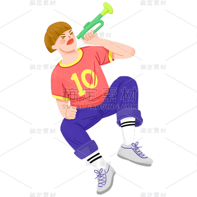 手绘-看球赛人物元素贴纸-红色球衣男孩