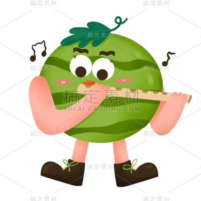 手绘-拟人音乐水果贴纸-西瓜