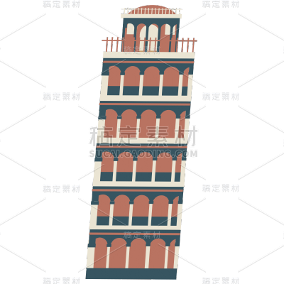 扁平-地标建筑插画-比萨斜塔