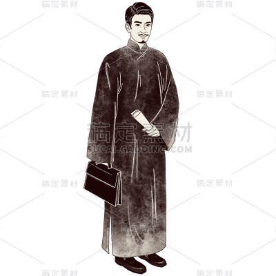 手绘-版画民国风人物插画贴纸4