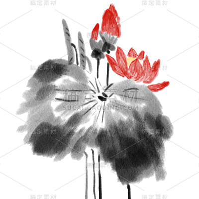 手绘-水墨风荷花荷叶贴纸8