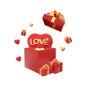 手绘3D立体红色爱心礼盒情人节元素