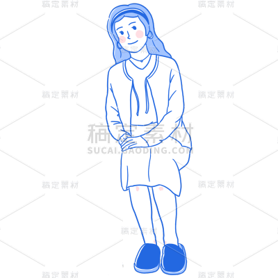 手绘-蓝色线条人物场景插画贴纸女1