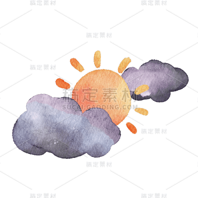 手绘-水彩天气元素贴纸-乌云太阳