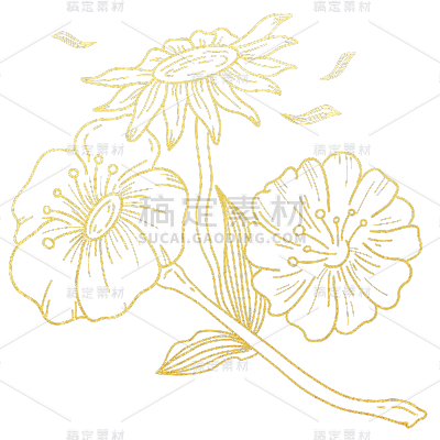 手绘-描边鎏金花卉植物元素贴纸6