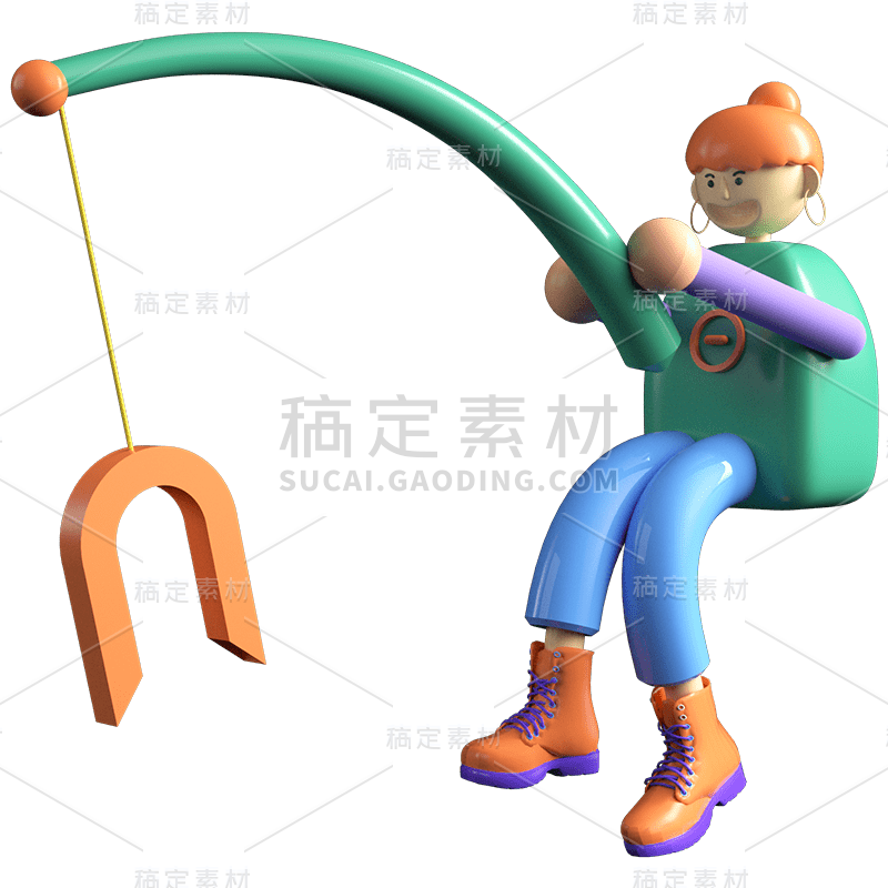 C4D-商务科技风贴纸-钓鱼小女孩