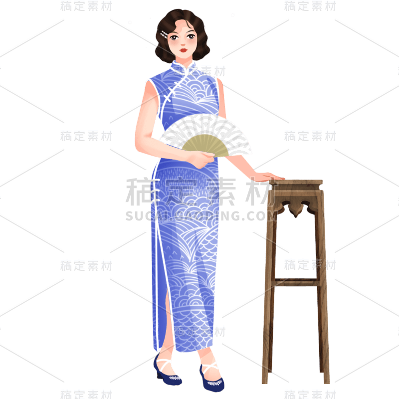 手绘-旗袍女人民国人物插画贴纸3