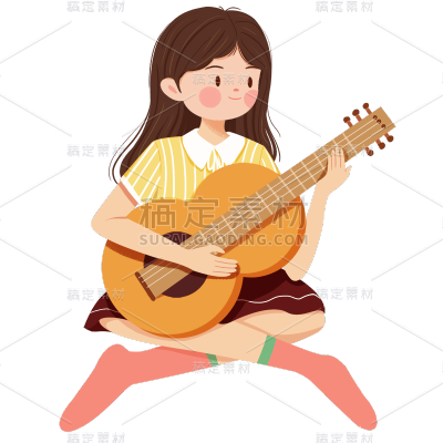 手绘弹吉他的小女孩