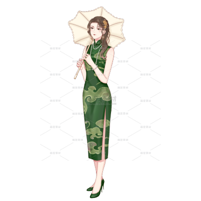 手绘-中国风旗袍人物插画2