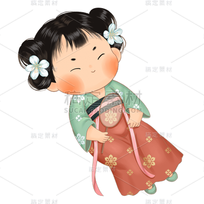 中国风古代元素贴纸扇子女孩