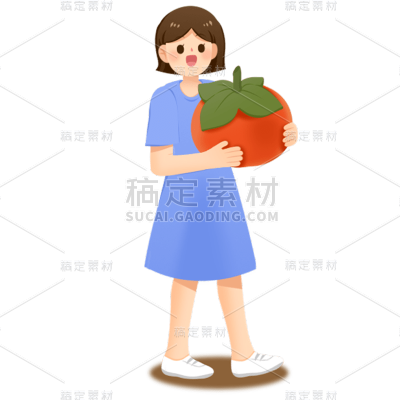 手绘重阳节女孩开心手抱柿子贴纸