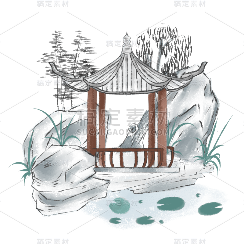 单顶凉亭元素创意贴纸-水墨风