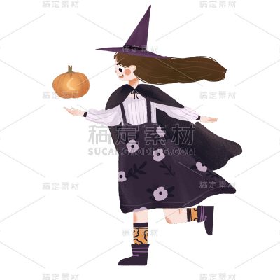 手绘-万圣节小女巫人物插画5