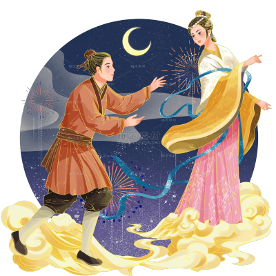 中国风-七夕元素金边人物场景贴纸5