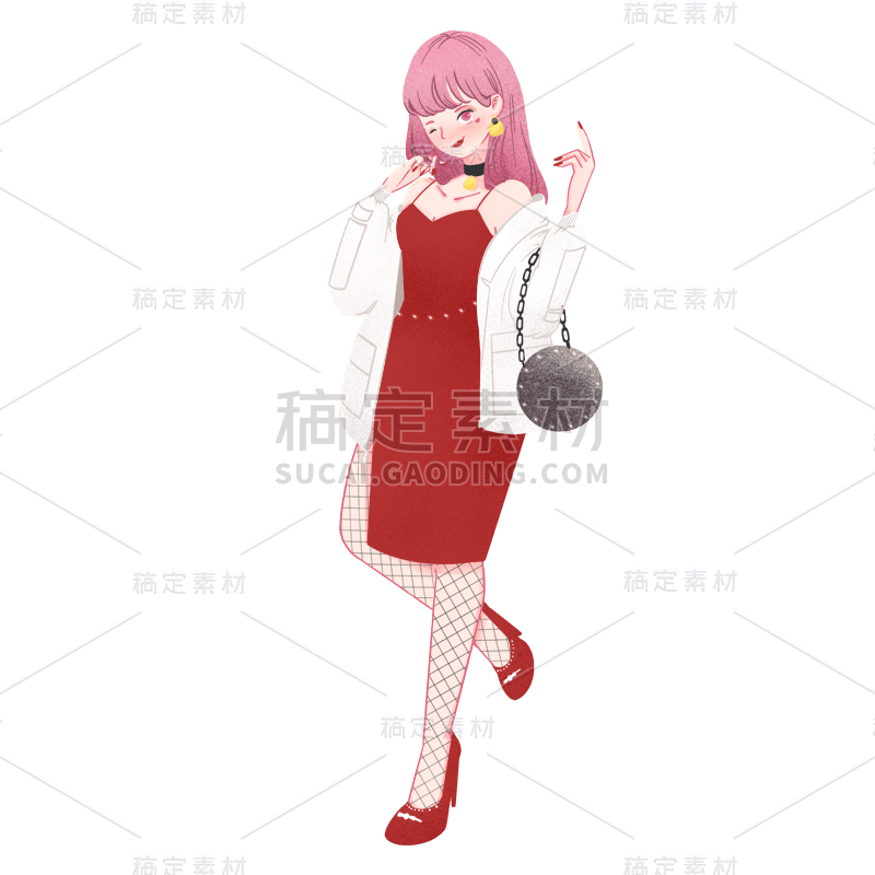 手绘-姐妹人物贴纸-红色吊带女孩