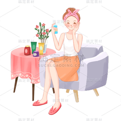 手绘-护肤美妆女生人物插画贴纸5