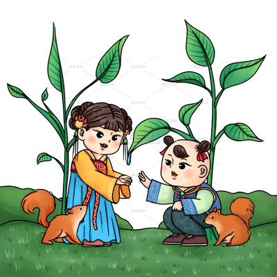 手绘-白露元素创意贴纸-玩耍