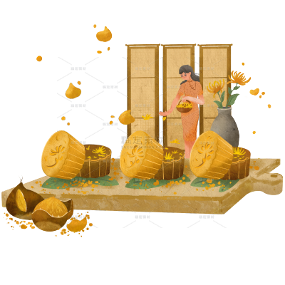 版画水墨-重阳节美食元素贴纸