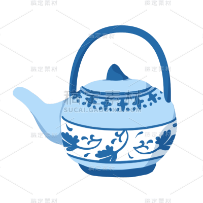 手绘-蓝白茶壶元素家居生活贴纸4