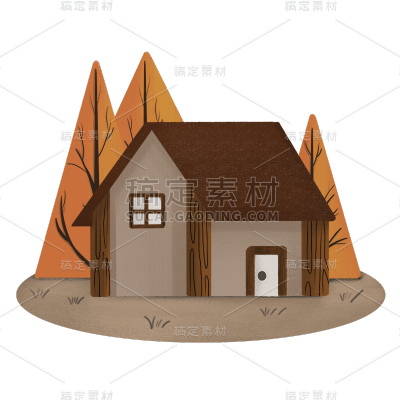手绘-秋天季节元素贴纸-小屋