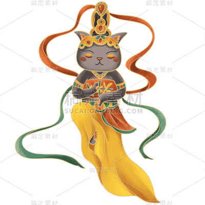 手绘-飞天舞女猫咪拟人动物贴纸5