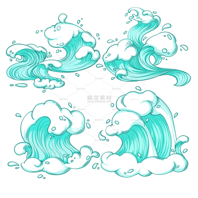 手绘国潮风水花海浪插画元素3