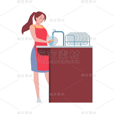 扁平-家居人物插画贴纸-SVG-洗碗