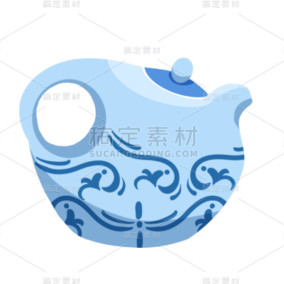 手绘-蓝白茶壶元素家居生活贴纸2