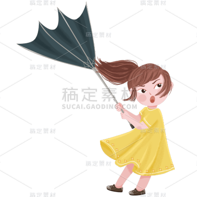 手绘-台风天气人物插画贴纸-黄衣服女孩