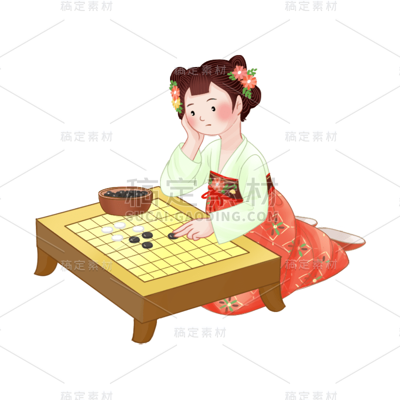 身穿花裙的女孩下棋元素