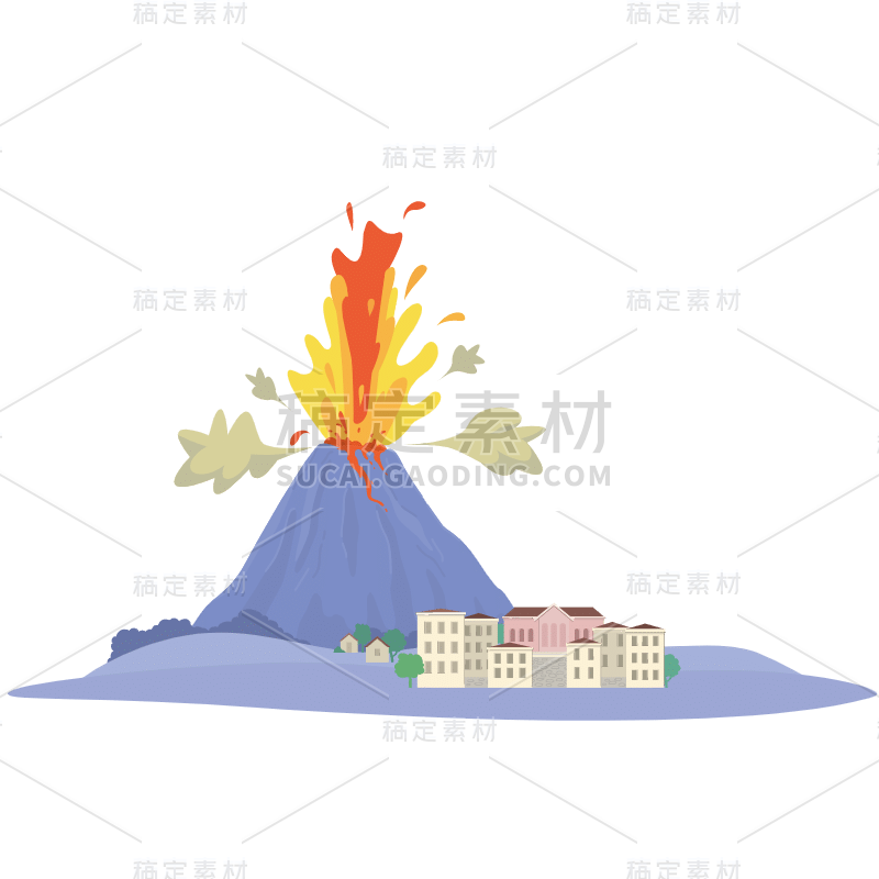 卡通-自然灾害救援场景插画-火山喷发