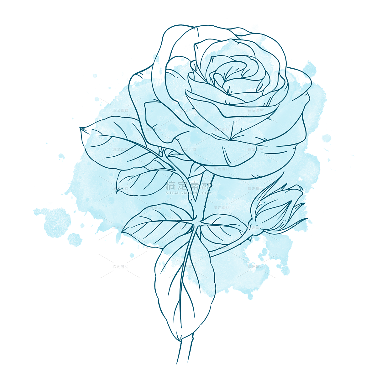 蓝色手绘线条线稿花卉元素