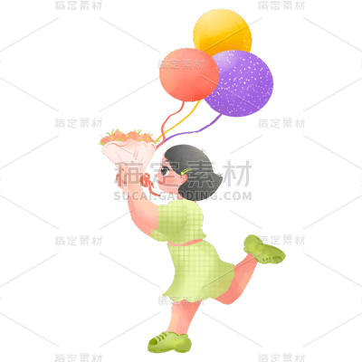 手绘肌理-感恩节人物元素贴纸-拿气球女儿