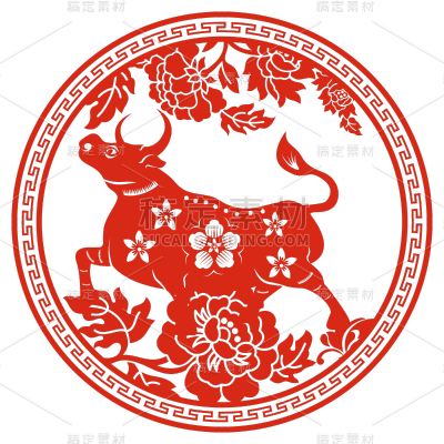 红色喜庆十二生肖牛年剪纸贴纸