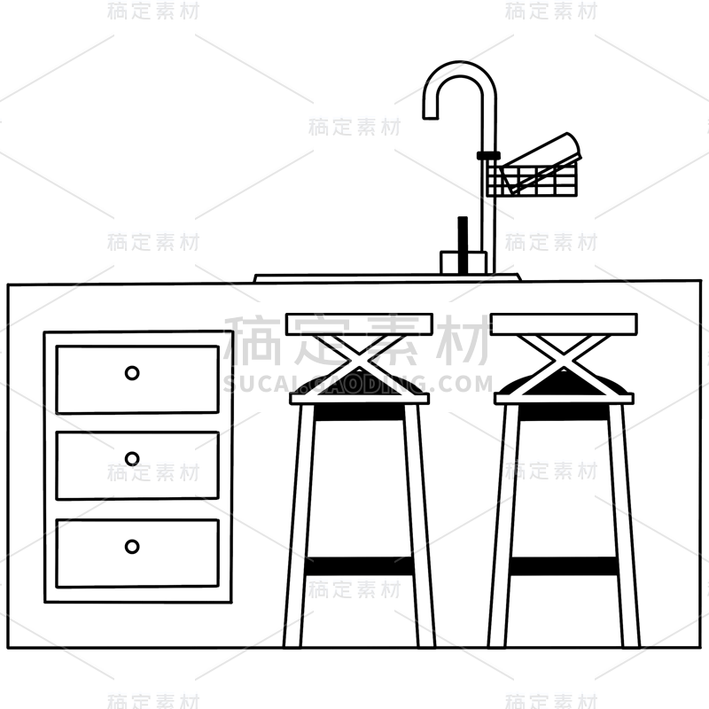 手绘-线条简笔画元素-料理台