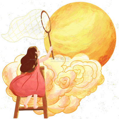 可爱女孩空中捞月插画