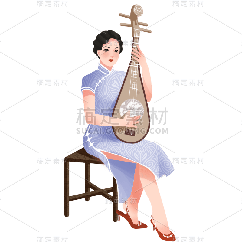 手绘-旗袍女人民国人物插画贴纸5