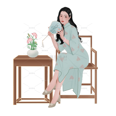 手绘-民国风旗袍女性人物插画贴纸2