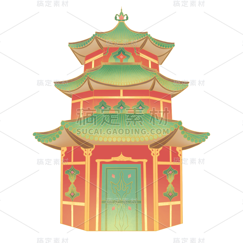 手绘-中国风传统建筑贴纸-塔