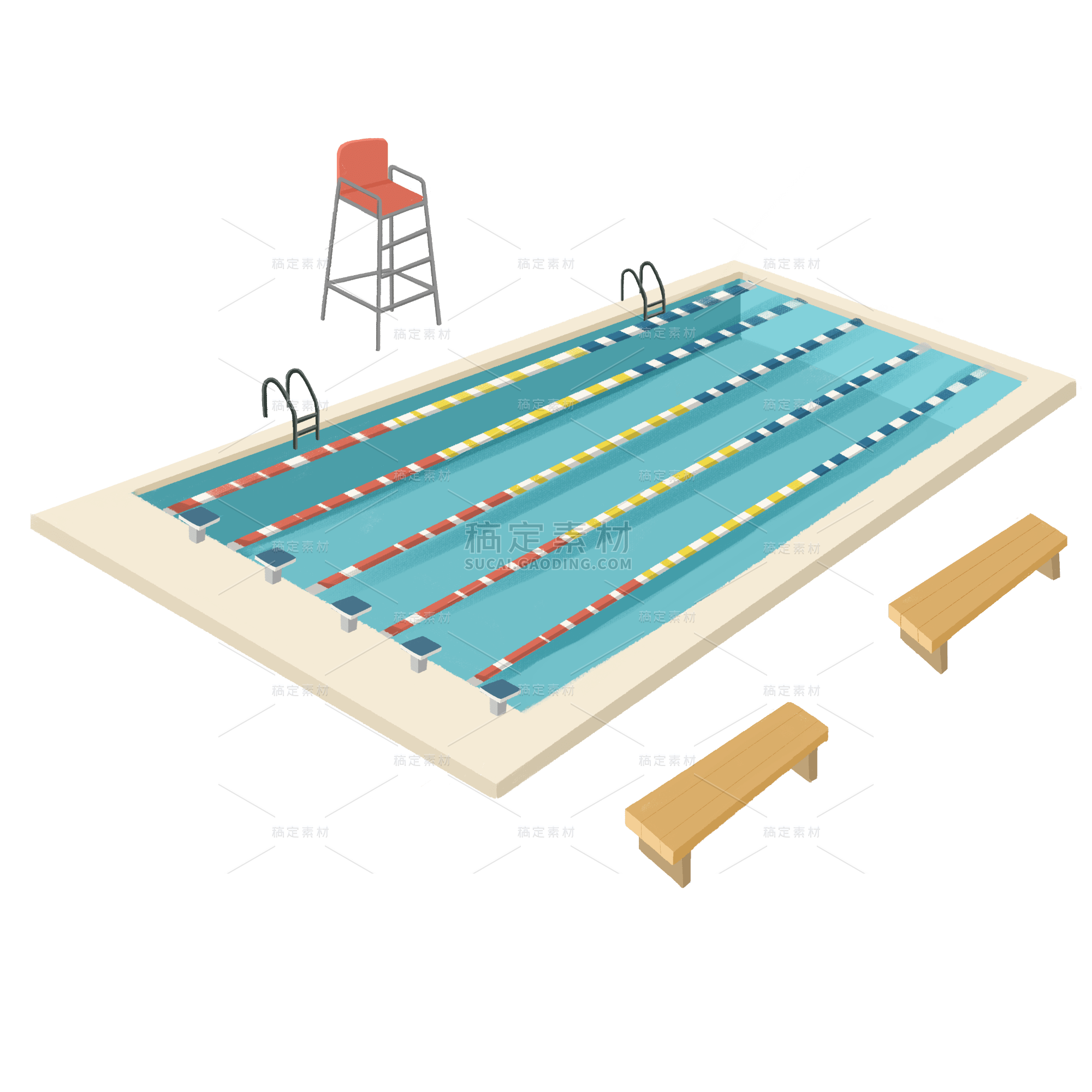 手绘游泳馆学校建筑元素