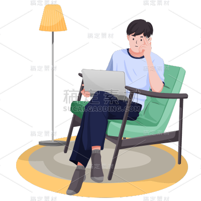 坐在沙发上办公的男孩职业元素