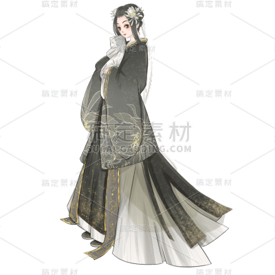 中国风人物形象元素贴纸戴花饰的姑娘