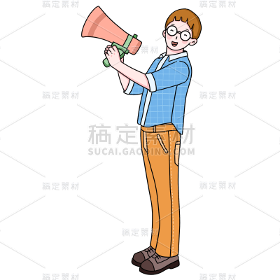 手绘-喇叭播报动作描边人物插画7