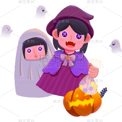 手绘万圣节女孩扮鬼魂送糖贴纸