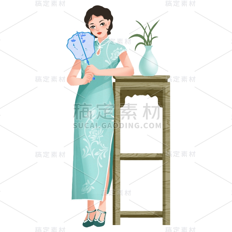 手绘-旗袍女人民国人物插画贴纸2