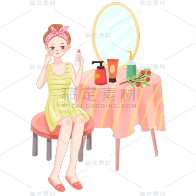 手绘-护肤美妆女生人物插画贴纸7