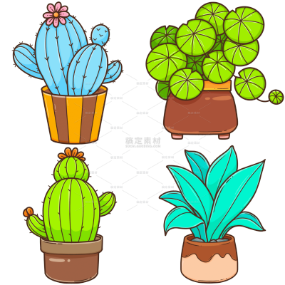 卡通彩色盆栽植物插画元素