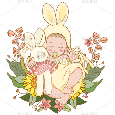 手绘可爱抱着兔子的新生儿元素