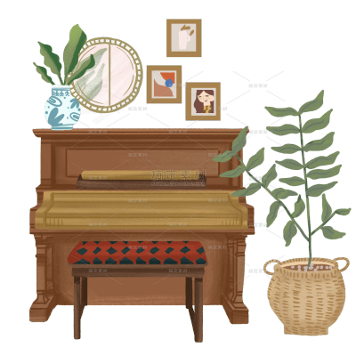 手绘小清新绿植装饰画镜子钢琴凳子免抠