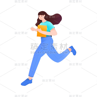 长发跑步女孩开学季扁平风元素贴纸 